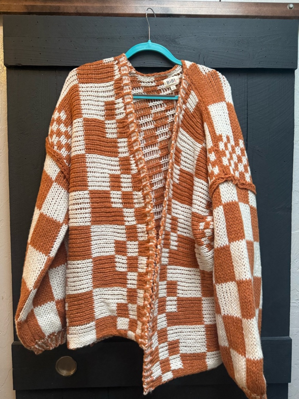 BiBi Rust and Cream Checkerboard Open Knit Cardigan